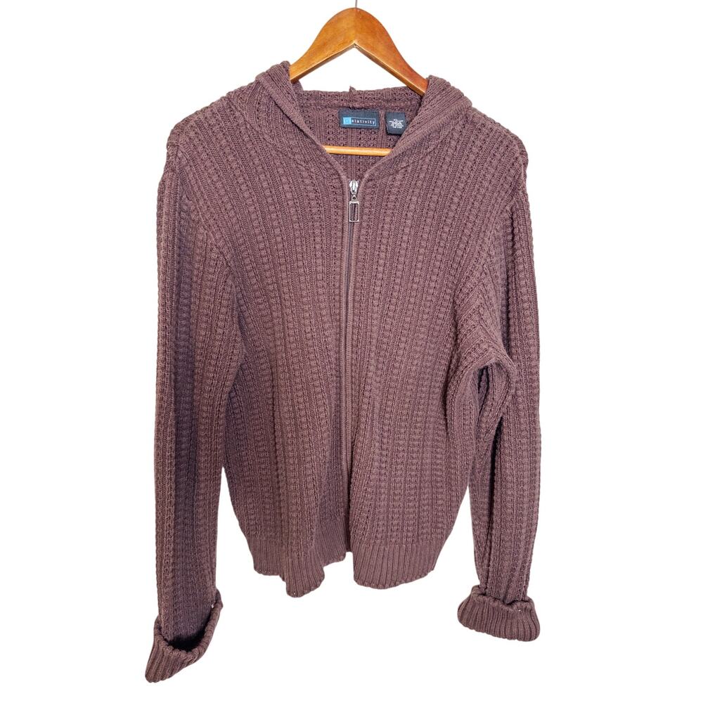 Y2K Relativity Brown Chunky Knit Cotton Zip Hoodie Sweater XL - Picture 4 of 8